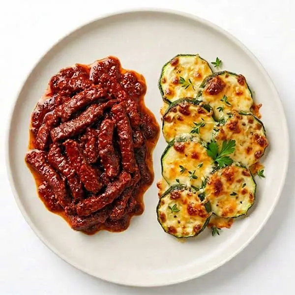 Beef adobe  with cheese baked zucchini